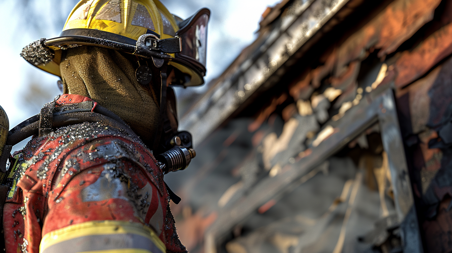 A firefighter inspecting a house after a dryer vent fire