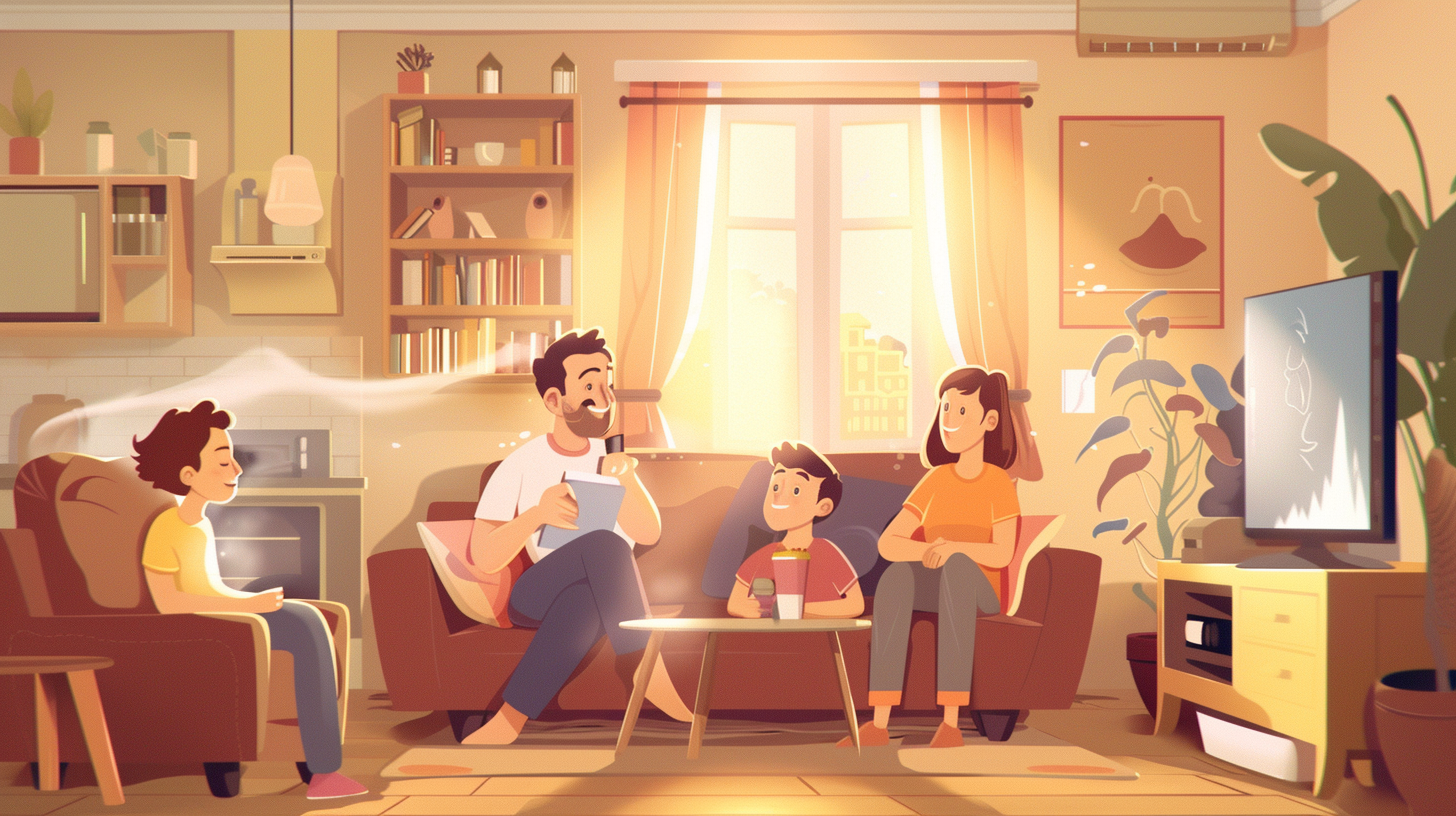 A family sitting in their living room unaware of the dust in the air from dirty air ducts