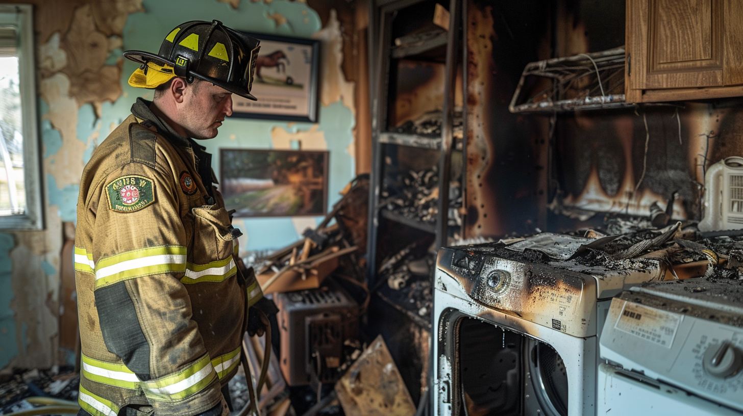 A firefighter inspecting a dryer after a fire