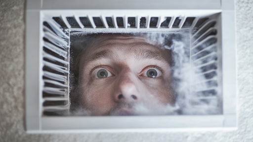 A person peering through an air duct