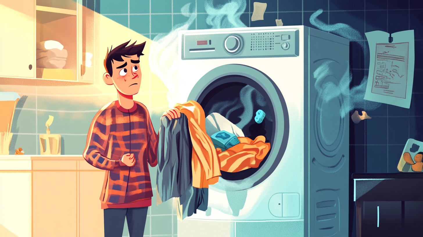 A man looking at his wet clothes in an overheated dryer