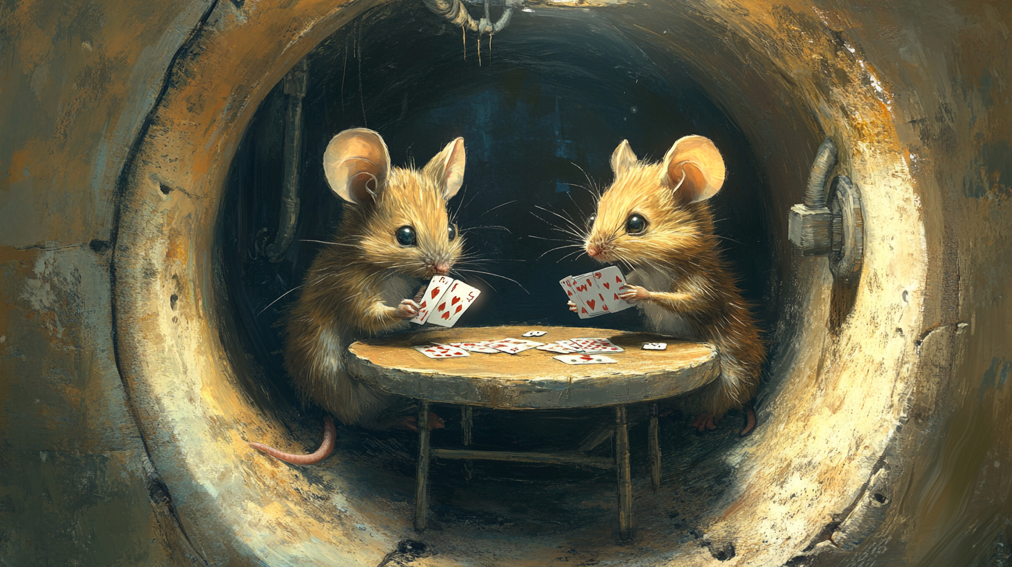 Two mice playing cards in an air duct