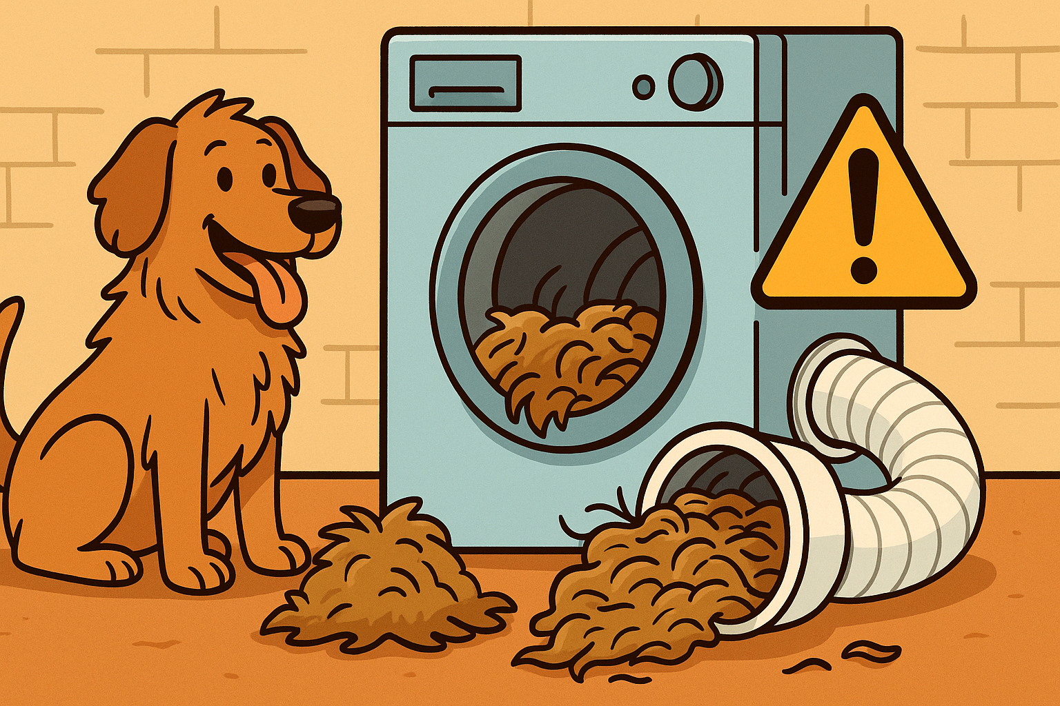A cartoon dog sitting next to dryer full of fur