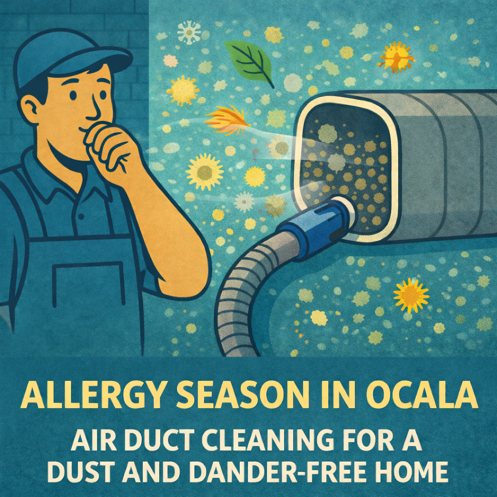Illustration showing a technician reacting to airborne allergens while an air duct is being cleaned, highlighting allergy season air duct cleaning in Ocala