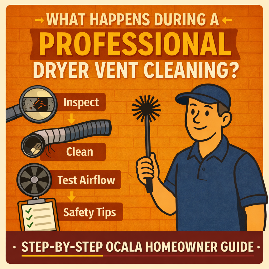 Illustration showing a technician holding a dryer vent brush with steps for professional dryer vent cleaning in Ocala