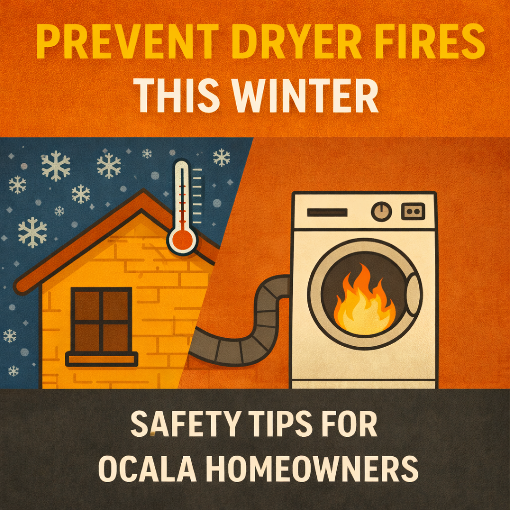 Illustration showing a home in cooler winter weather and a dryer with a fire icon, highlighting dryer fire prevention for Ocala homeowners
