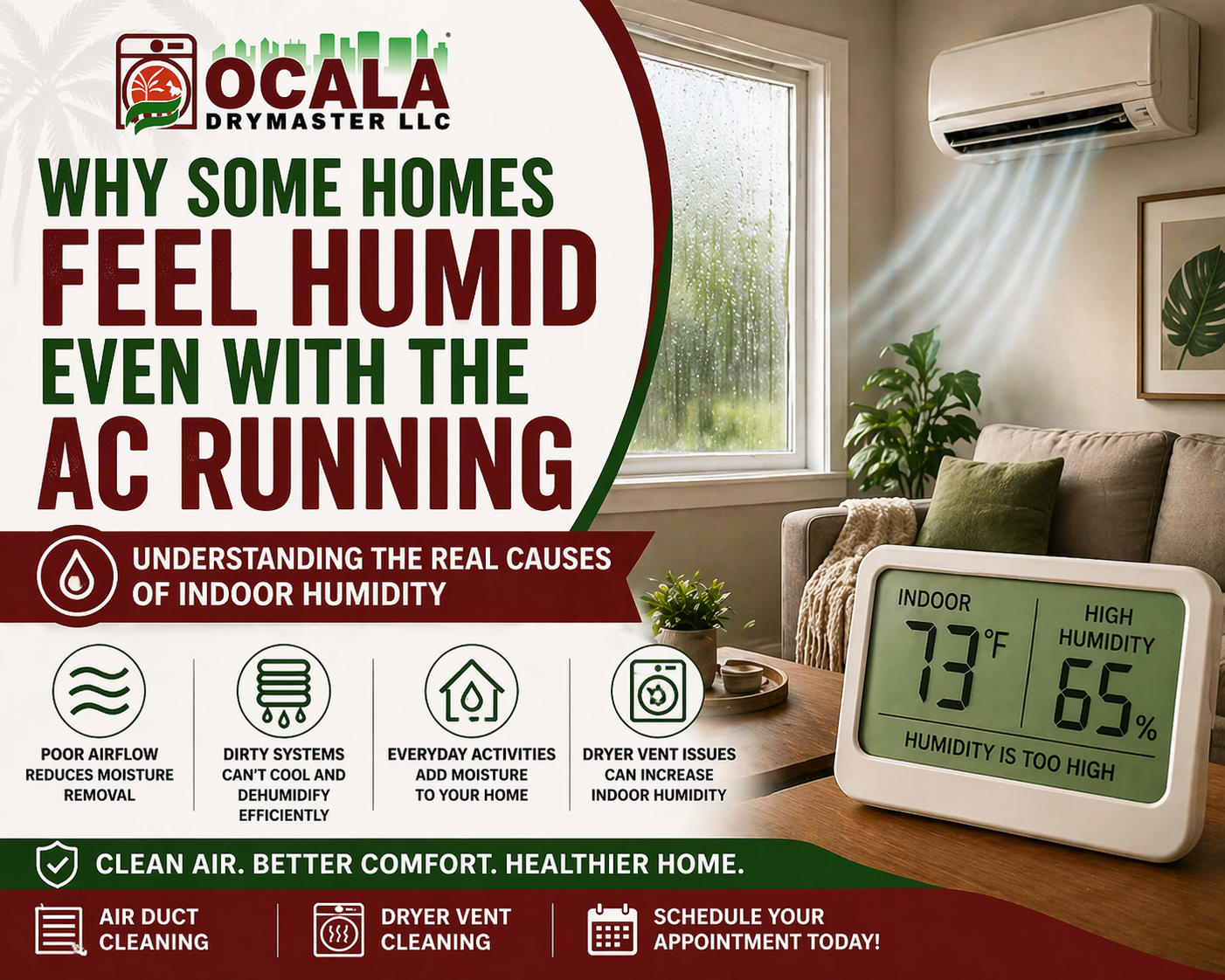A/C unit on wall and thermostat set to 73